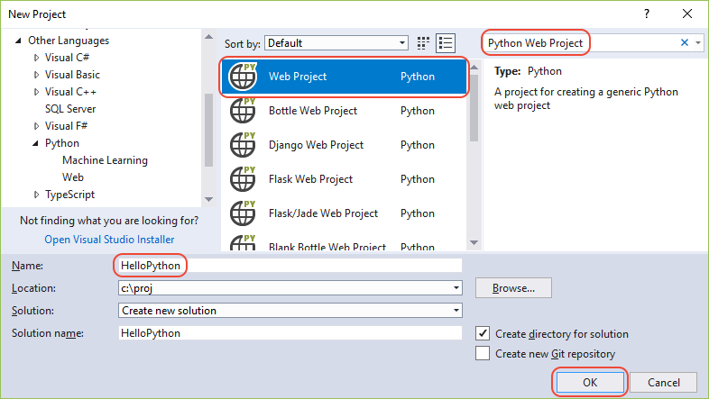 New project dialog with Python Web Project selected