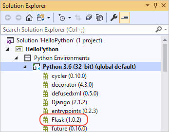 Flask library installed and showing in Solution Explorer