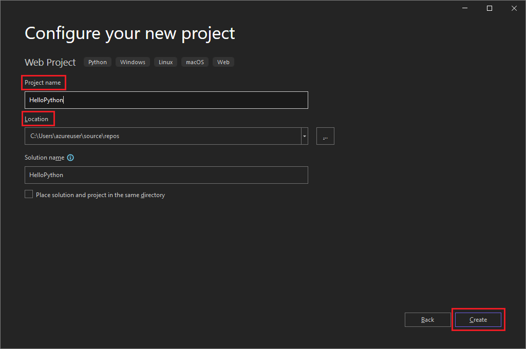 Screenshot showing the Configure your new project dialog.