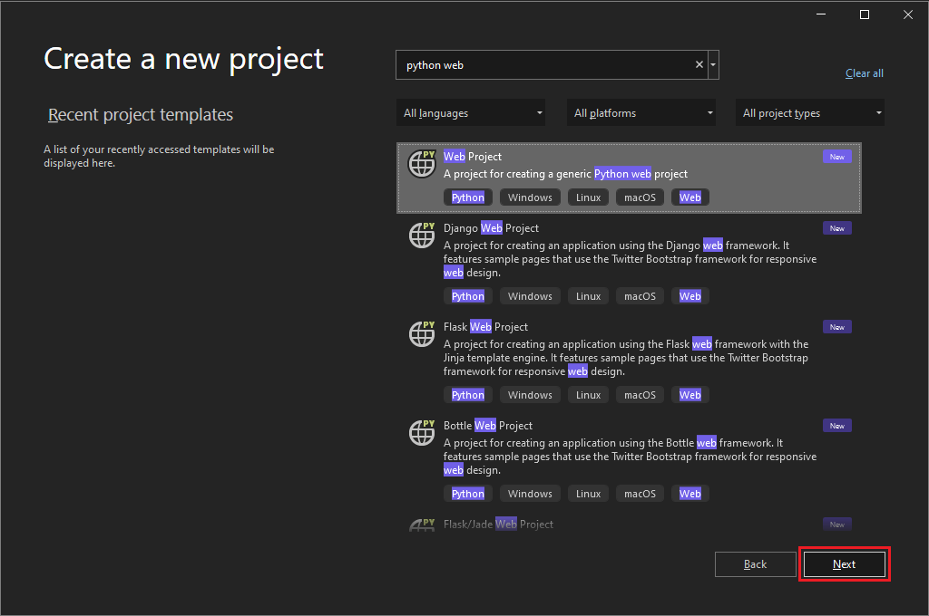Screenshot showing the Create a new project screen with Python Web Project selected.