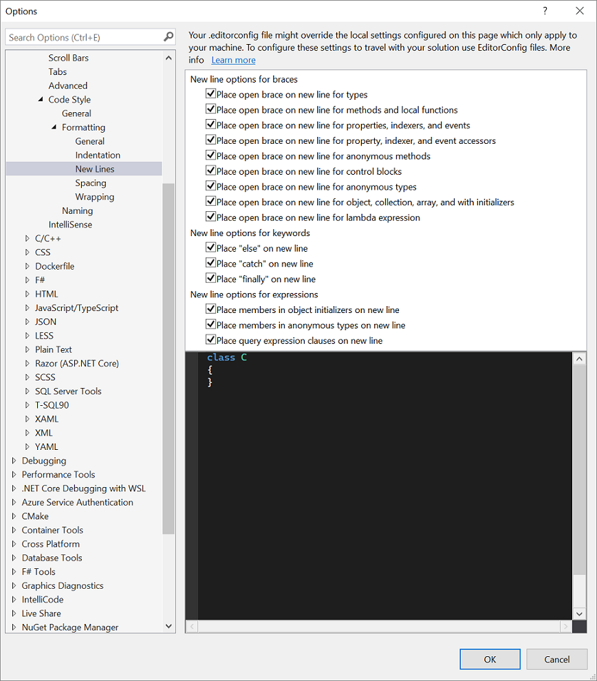 Screenshot of the C# new lines options in Visual Studio .