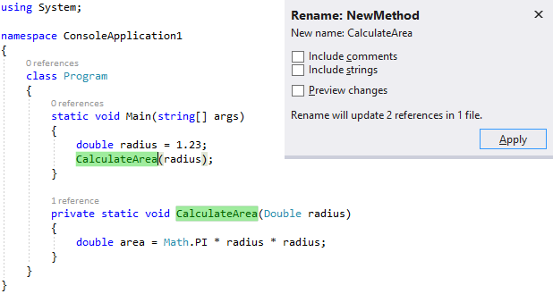 Screenshot showing C# code for the Program class. A method name is highlighted and the Rename popup window is open.