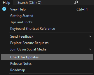 Screenshot showing the 'Check for Updates' option in the Help menu.