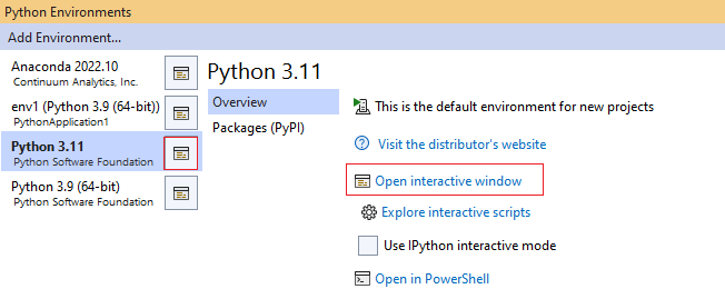 Interactive Window link in the Python Environments window