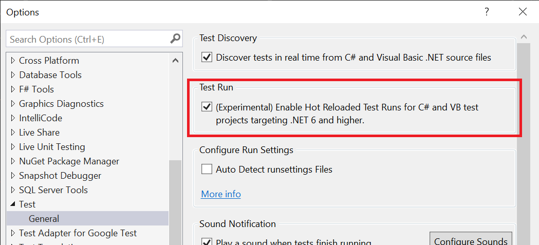 Screenshot of Visual Studio showing enable hot reload option in Tools > Options > Test.