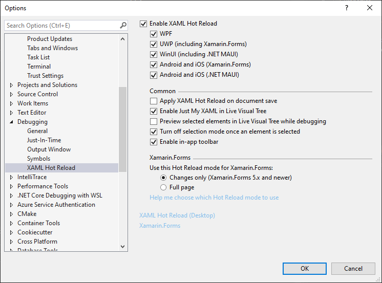 Updated XAML Settings options panel