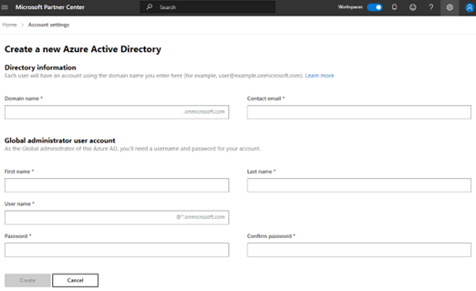 Screenshot showing form to *Create a new Azure Active Directory* including field to specify directory information and global admin user account.