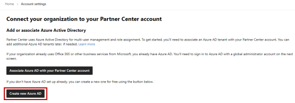 Screenshot showing option to *Create new Azure AD* from the Partner Center *Tenants* settings.