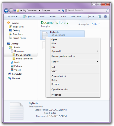 screen shot of the shortcut menu for a file with a registered file type