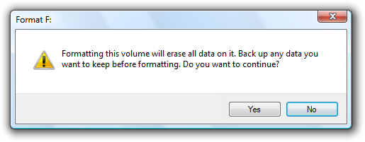 Screenshot that shows an example of volume-formatting confirmation.