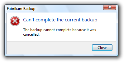 screen shot of message: can't complete backup 