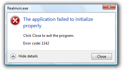 screen shot of message: program didn't initialize 