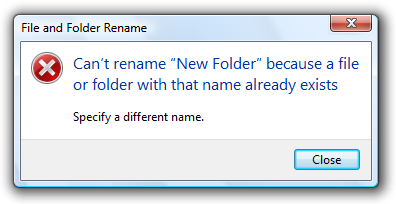 screen shot of message: can't rename new folder 