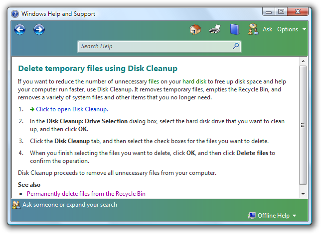 screen shot of 'delete temporary files' help page 