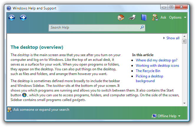 screen shot of 'the desktop (overview)' help page 