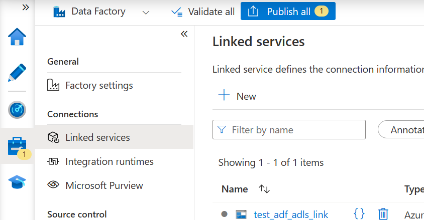 The image shows how to publish an Azure Data Factory linked service.