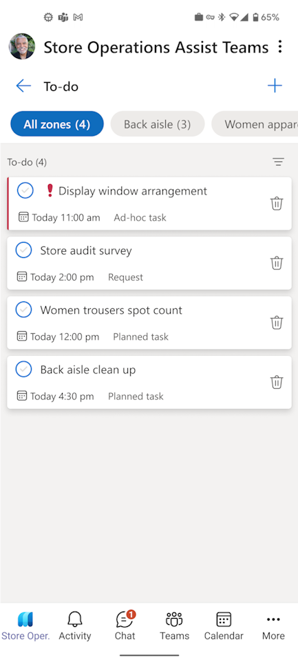 The image shows the To-do list in Store Operations Assist Teams.