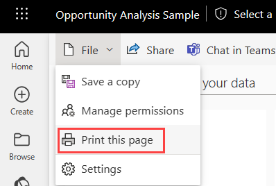 Screenshot of the Power BI File menu expanded and Print this page highlighted.