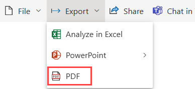 Screenshot of the Power BI Export menu expanded and the PDF option highlighted.