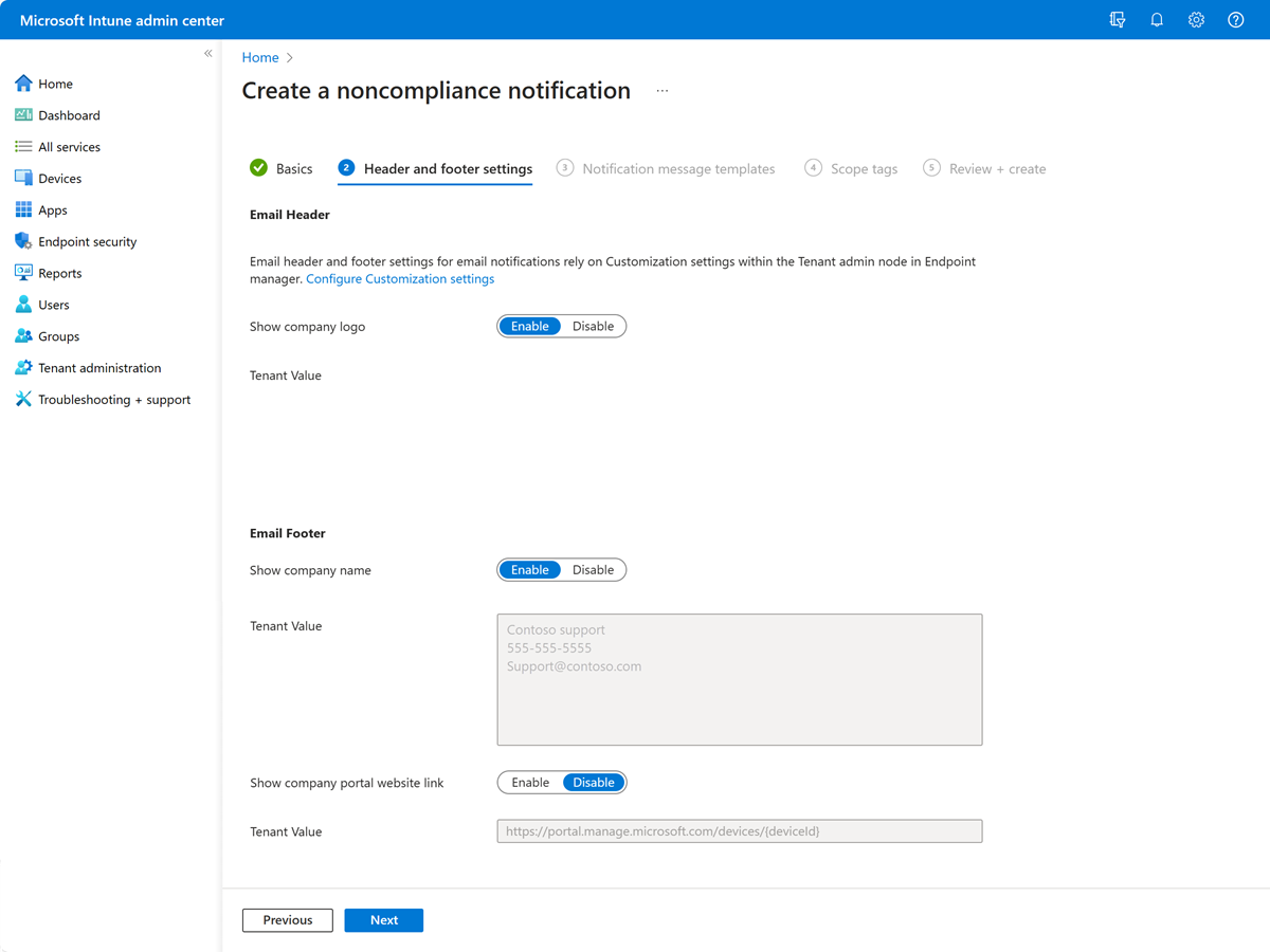 Screenshot that shows example of the Header and footer settings page for a notification message in Intune.