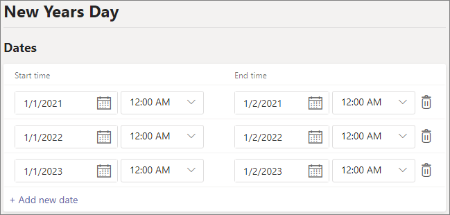 Screenshot of holidays user interface with dates set up for three years.