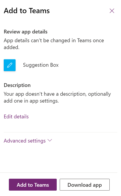 Add to Teams - review options.