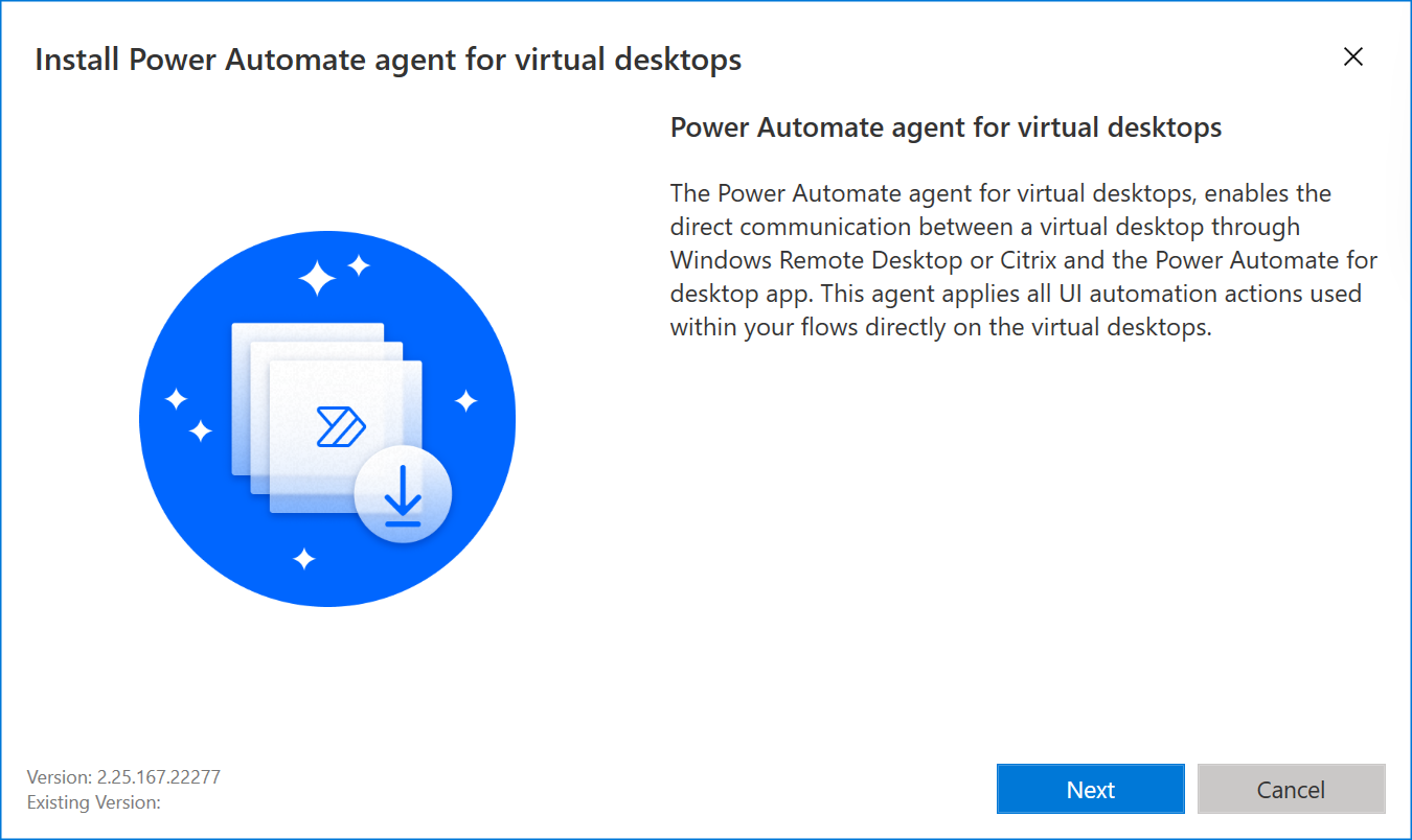 Screenshot of the Power Automate agent for virtual desktops installer.