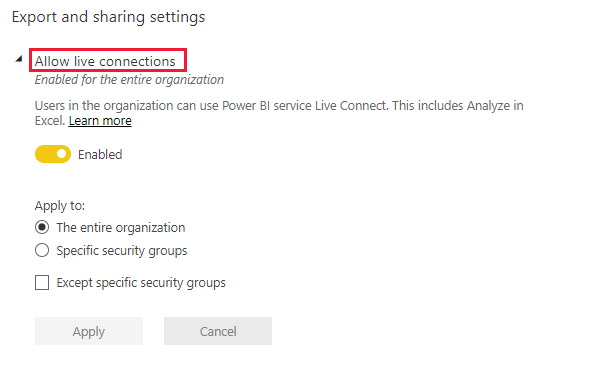 Export and sharing setting allow live connections.