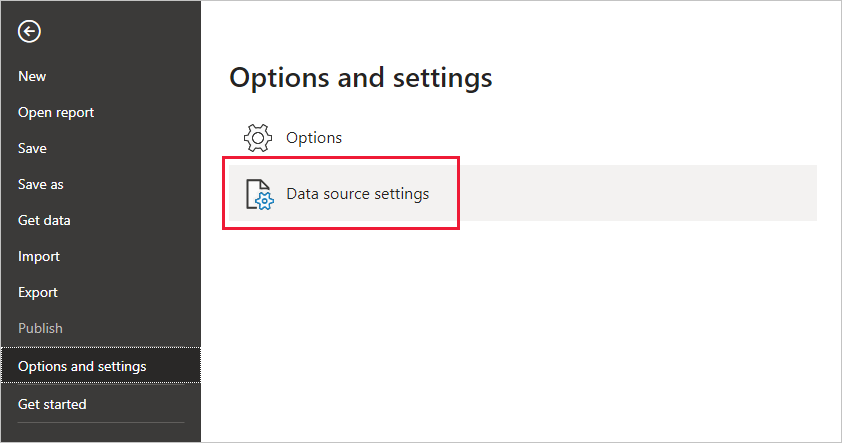 The data source settings menu option