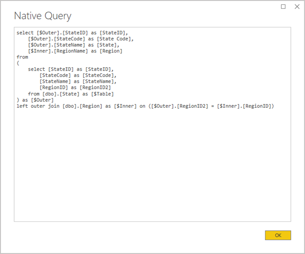 Screenshot of Power B I Desktop showing the Native Query window. A query statement joins two source tables.