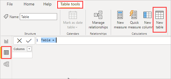 New table in Data View