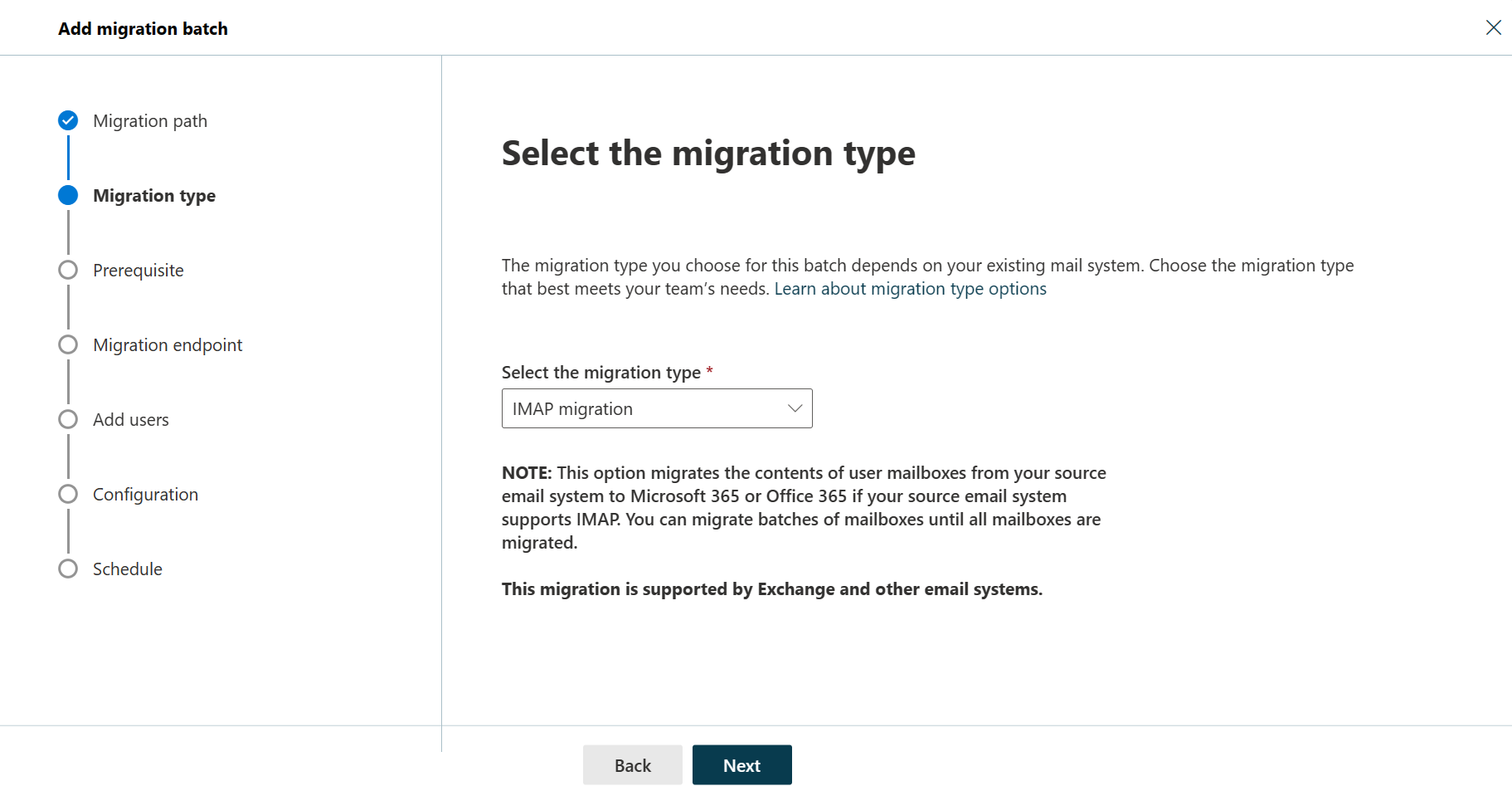 Screenshot of the second step of the migration batch wizard with the migration type selected as IMAP migration.
