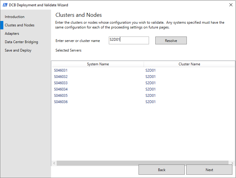 The Clusters and Nodes page of the Validate-DCB configuration wizard