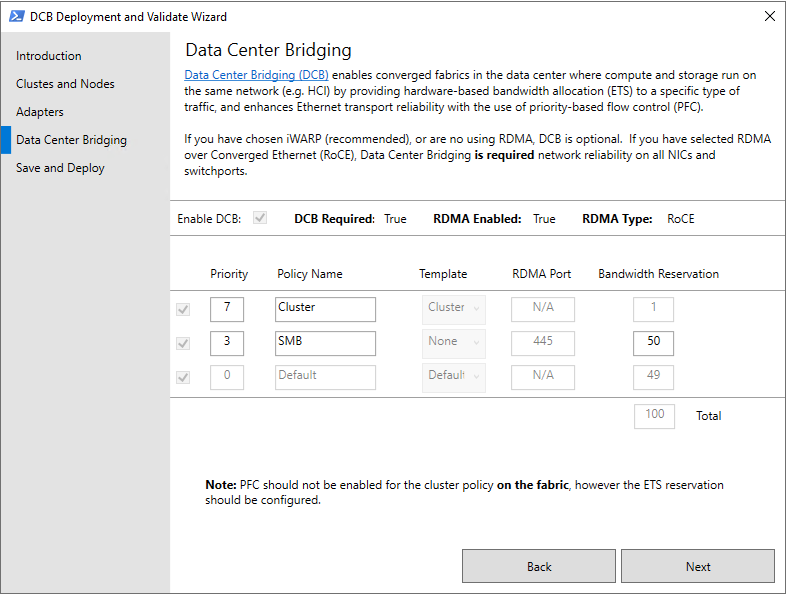The Data Center Bridging page of the Validate-DCB configuration wizard