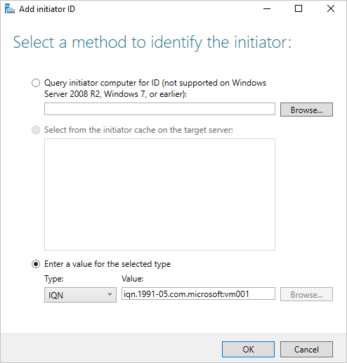 The "Add initiator ID" window shows the values to specify the initiator ID.