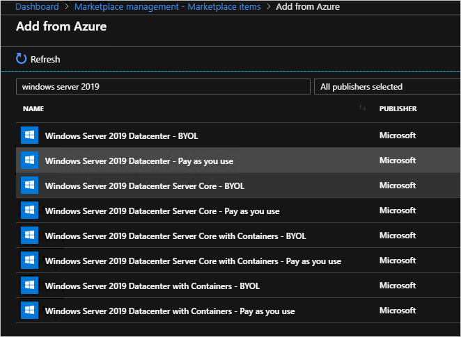 The "Dashboard > Marketplace management - Marketplace items > Add from Azure" dialog box shows "windows server 2019" in the search box and a list of items whose name contains that string.