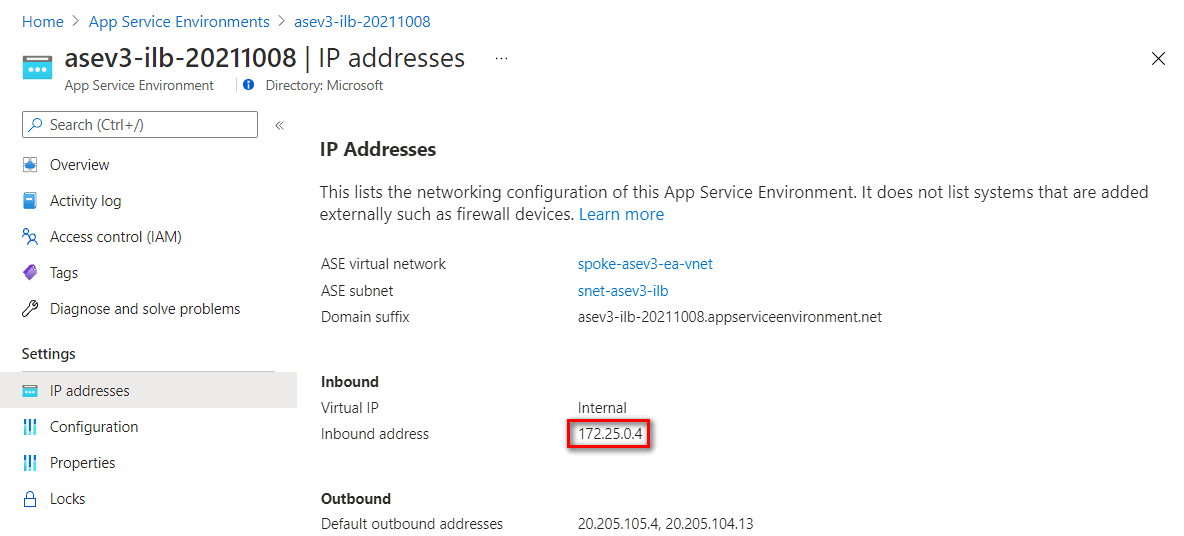 Screenshot of getting the inbound address from ILB ASE IP addresses settings.