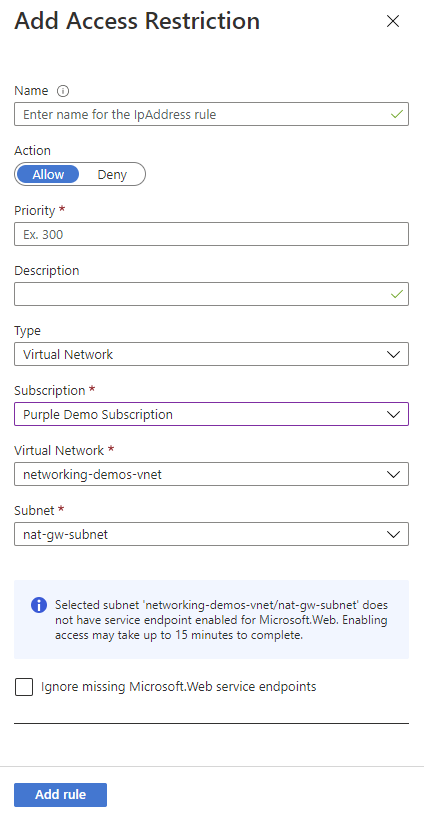 Screenshot of the "Add IP Restriction" pane with the Virtual Network type selected.