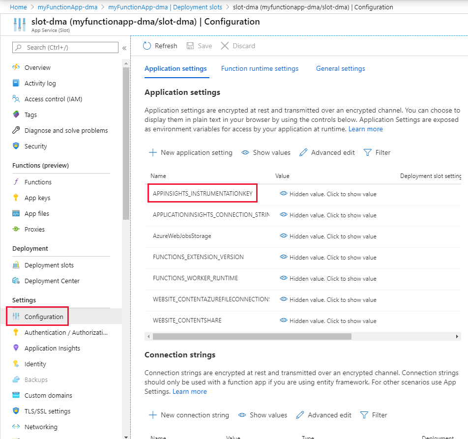 Configure the application setting for a slot in the Azure portal.