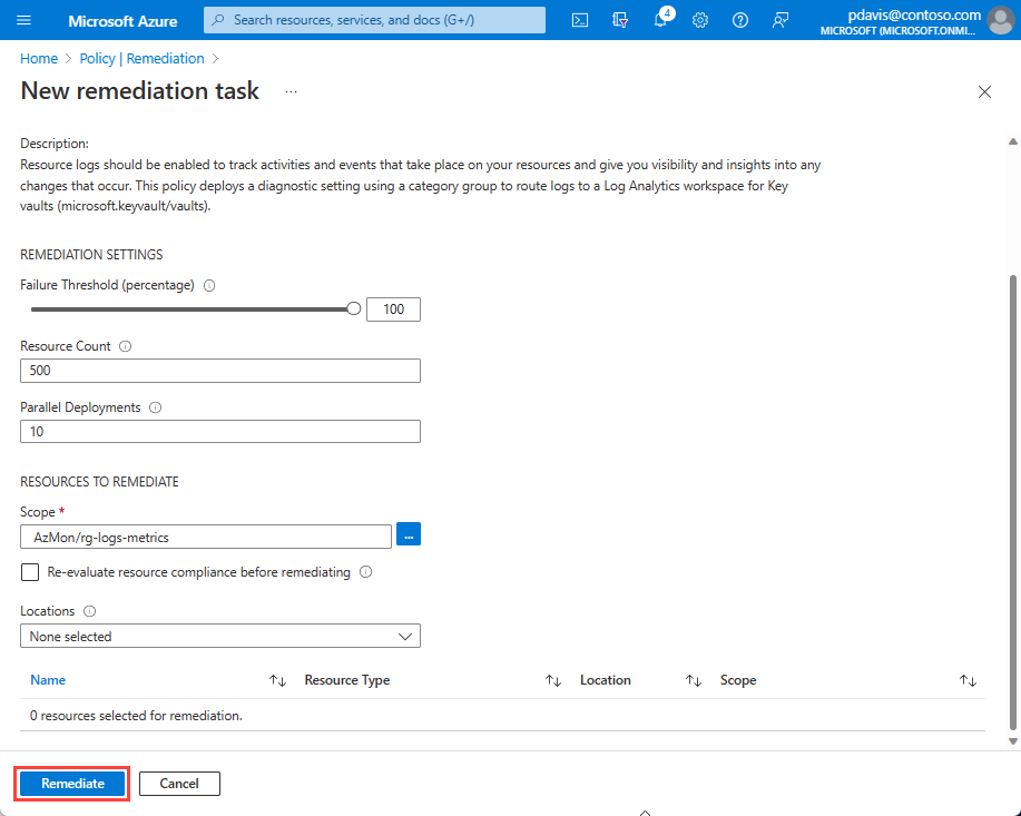A screenshot showing the new remediation task page.