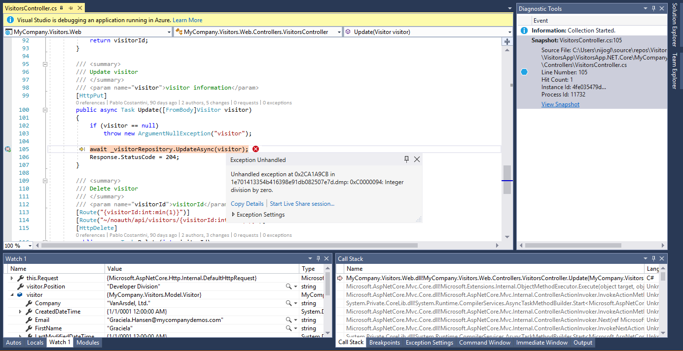 Screenshot showing the debug snapshot in Visual Studio.