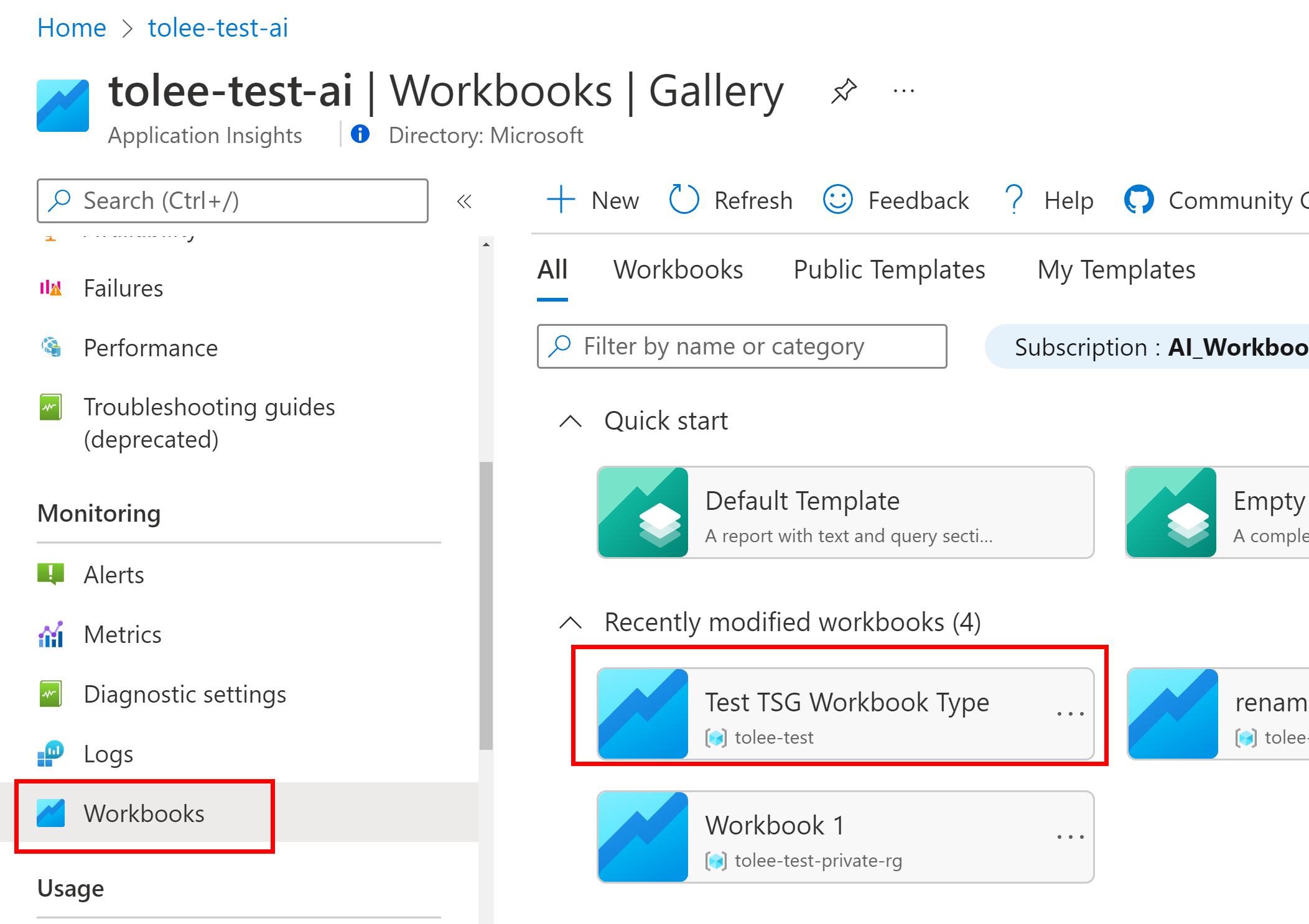 Screenshot showing the troubleshooting guide in the Workbooks gallery. 