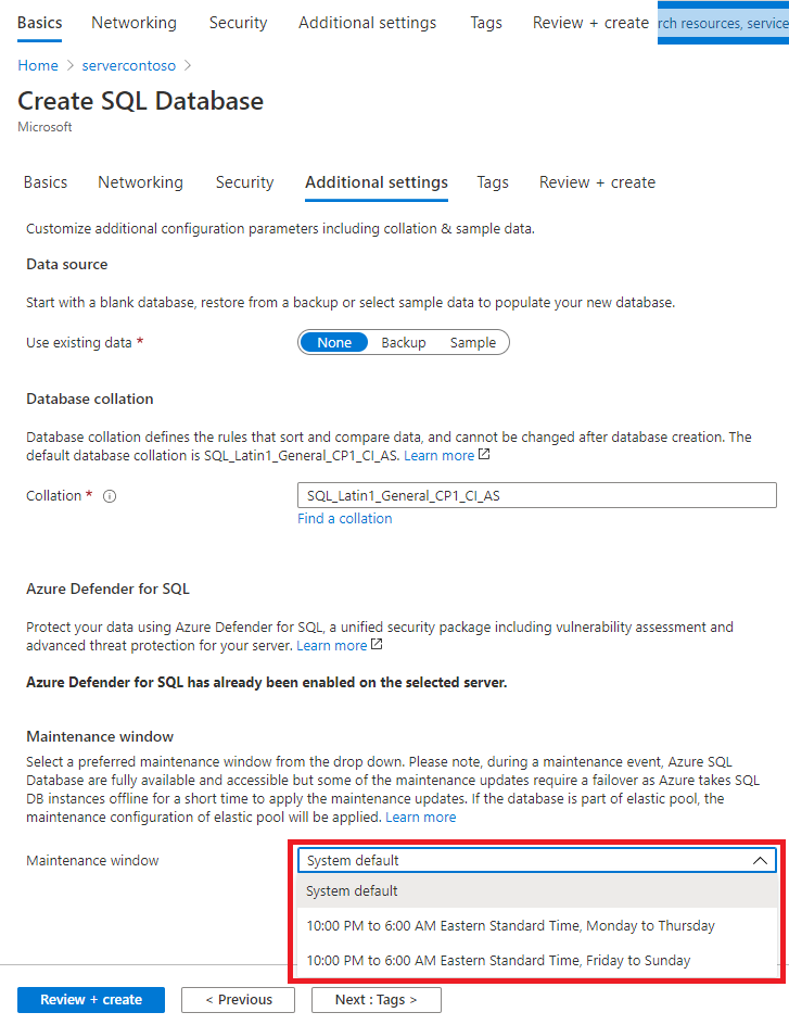 Screenshot from the Azure portal showing the Create SQL Database wizard. The additional settings tab is open, and the Maintenance window drop down is boxed in red.