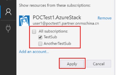 Select the Azure Stack Hub subscriptions after filling out the Custom Cloud Environment dialog box