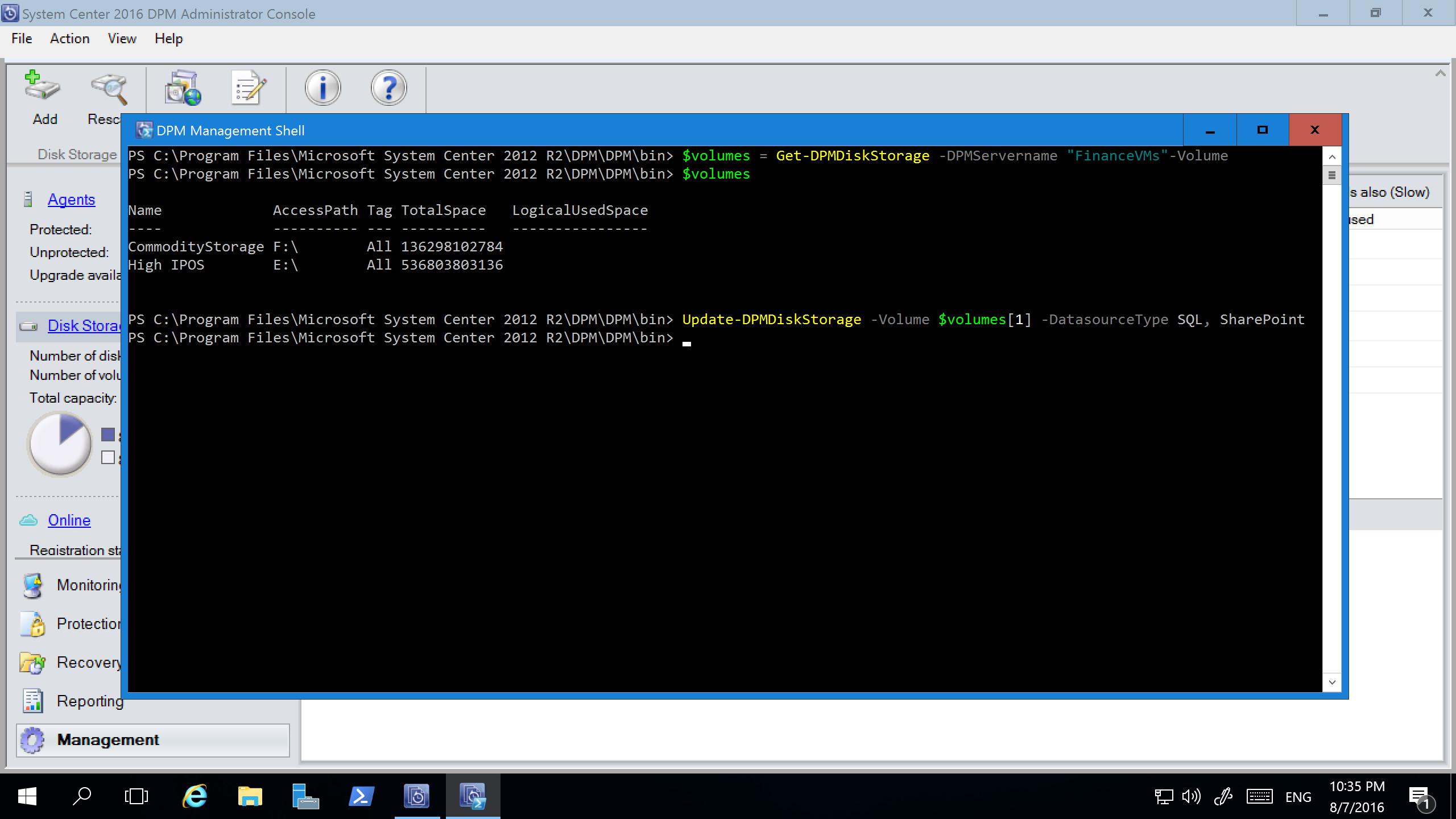 Screenshot shows the Update-DPMDiskStorage command in the PowerShel.l window