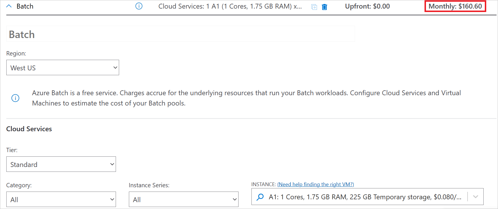 Screenshot showing the your estimate section and main options available for Azure Batch.