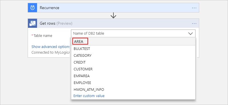 Screenshot that shows the "Get row (Preview)" action with the "AREA" value selected in the "Table name" list.