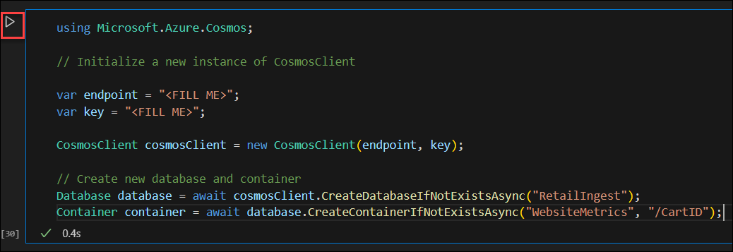 Screenshot of Execute cell in Visual Studio Code Jupyter C# notebook.
