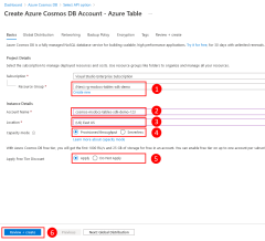 A screenshot showing how to fill out the fields on the Cosmos DB Account creation page.