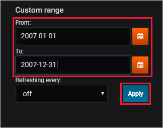Screenshot of the custom range control, with a custom date range selected.